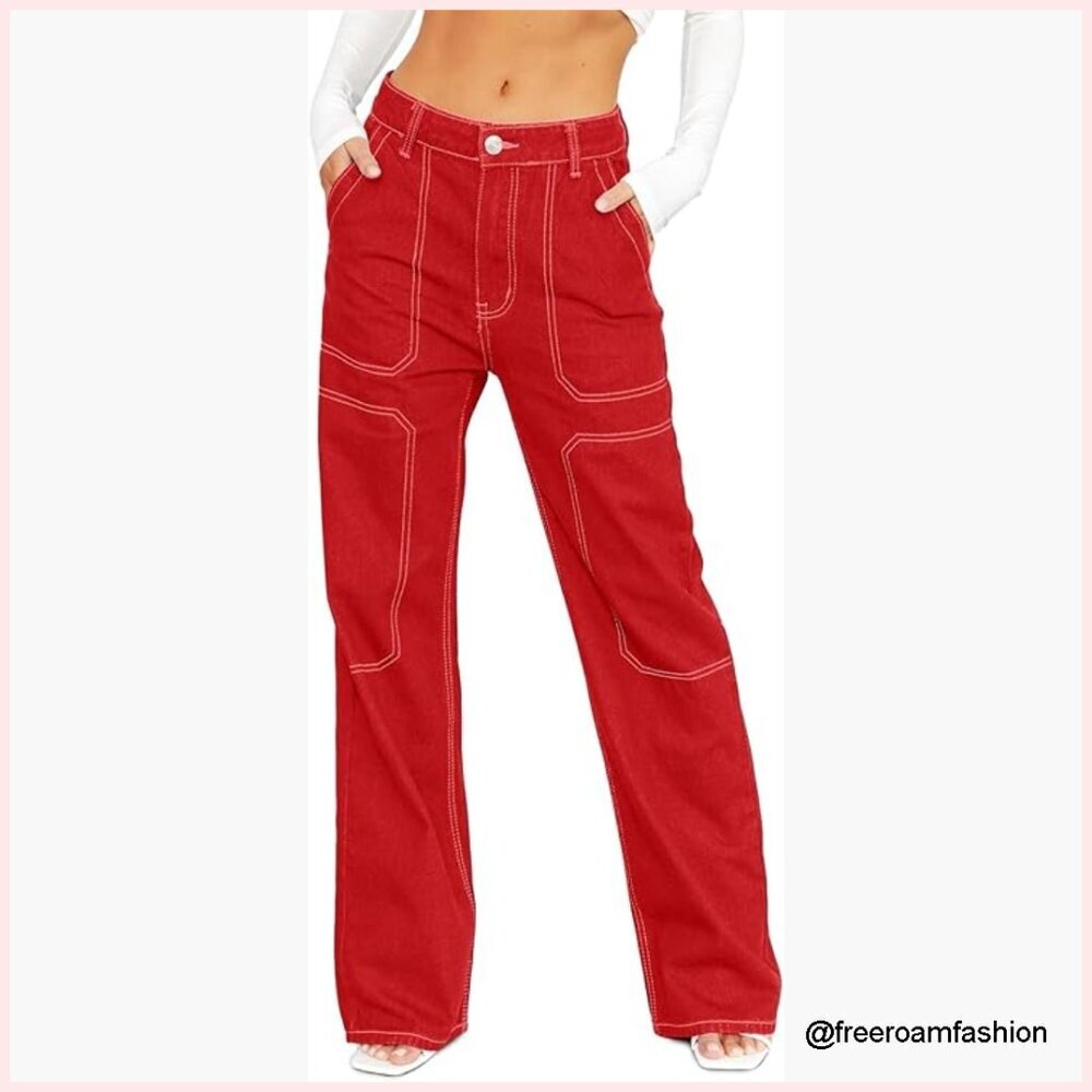 Wide Leg Cargo Jeans Mid Rise Loose Fit Denim Pants with Pockets